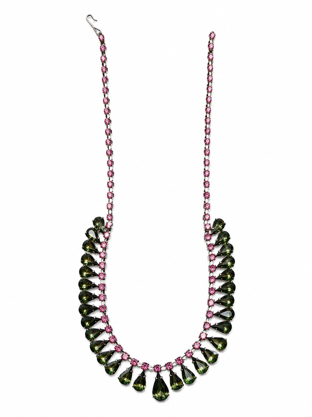 Vintage Pink Rhinestone Olive Green Teardrop Bib Statement Necklace